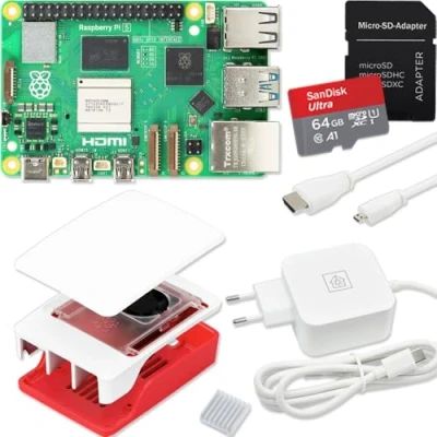 Abbildung von Raspberry Pi 5 4GB Starter Kit USB C 45W Netzteil Gehäuse mit Lüfter 64GB SD Karte 4K Micro HDMI Kabel Rot Weiß