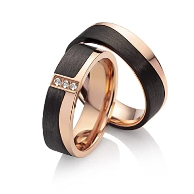 Abbildung von Blue Moon Diamonds Paar Eheringe Verlobungsringe Trauringe, Titan Carbonringe, Diamant (0,045 ct w/si) Partnerringe Antragsring für Sie und Ihn Hochzeitsring (Gravur/Etui) 3852