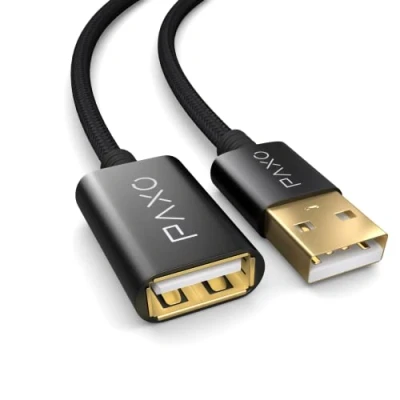 Abbildung von PAXO 2m Nylon USB 2.0 Verlängerung schwarz, A Verlängerungskabel, Aluminiumstecker, Stoffmantel