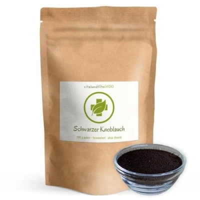 Abbildung von Schwarzer Knoblauch gemahlen 100 g Black Garlic getrocknet Knoblauchzehen aus SPANIEN ohne Zusätze, Premiumqualität Gentechnik Geruchs &amp; Geschmacksneutral