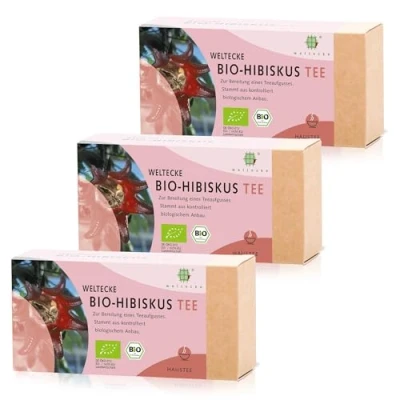 Abbildung von Weltecke Bio Hibiskus Tee 3x25 Teebeutel in Deutschland kontrolliert &amp; hergestellt Getrocknete Blüten frisch abgefüllt Fruchtig aromatischer Entspannungstee Hibiscus Tea