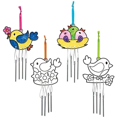 Abbildung von Baker Ross FC691 Vogel Windspiel Sonnenfänger 4er Pack, Musikalisches mit Metallglocken Bastelset für Kinder zum Anmalen und Dekorieren