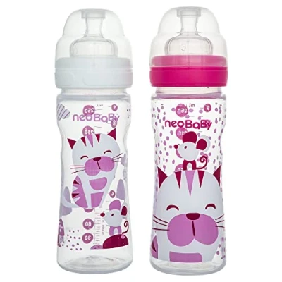 Abbildung von Neobaby Babyflasche aus Polypropylen, breiter Hals mit Sauger Silikon, 250 ml, Rosa, verstellbarer Durchfluss, 2 Monate +