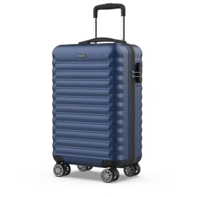 Abbildung von NUMADA Handgepäck Koffer 55x36x19cm (31L) ABS Upfly XS mit 4 gummierte Doppelrollen und Zahlenschloss. Reisekoffer, Hartschalenkoffer Raumteiler Packgurte Dunkelblau