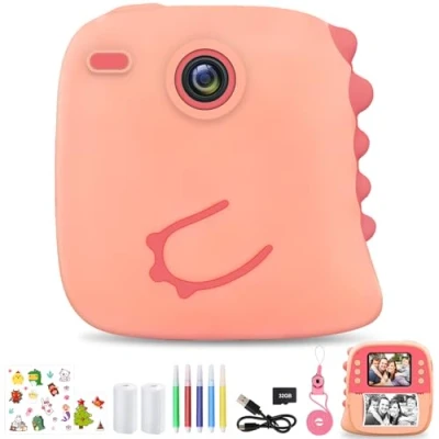 Abbildung von LAIHKUN Kinderkamera Sofortbildkamera, 1080P Sofortbildkamera Kinder mit 32 GB Karte, Druckerpapier*2 und Aufkleber, von 3 12 Jahren (Rosa)