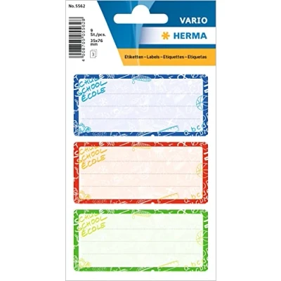 Abbildung von HERMA 5562 Buchetiketten zum Beschriften Schoolydoo, 9 Stück, 76 x 35 mm, selbstklebend, liniert, Buchaufkleber für Schule Kinder Mädchen Jungen, blanko Heftetiketten Aufkleber, bunt