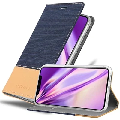Abbildung von Cadorabo Hülle kompatibel mit Apple iPhone X/XS aus Premium Jeans und Kunst Leder Flip Klappbare Stoßfeste Magnetische [Standfunktion] [Kartenfächern] Cover für Tasche in Blau