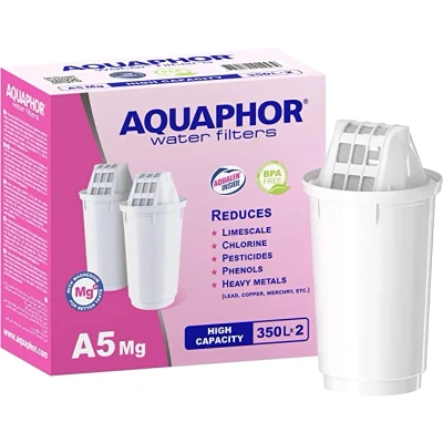 Abbildung von AQUAPHOR Kalk und Wasserfilter Filterkartusche A5 Magnesium, Pack 2, Zubehör für Tischwasserfilter Provence, Smile, Prestige, Reduziert Kalk, Chlor, Schwermetalle. Reichert das Wasser mit Mg an.