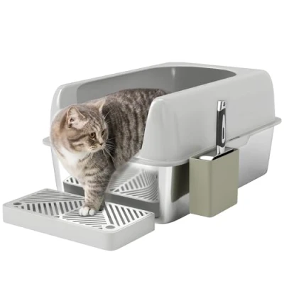 Abbildung von PawHut Katzentoilette Katzenklo mit Schaufel, Wanne aus Edelstahl, für Katze unter 4,5 kg, Indoor, Hellgrau