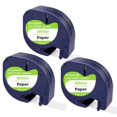 Abbildung von CNMTCCO Etikettenband kompatible mit Dymo Letratag 12mm x 4m, Schriftband Funktioniert für LT 100T 200B, 100H XR Schwarz auf Weiß (3 Stück)