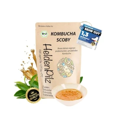 Abbildung von HeldenPilz® Organic Kombucha Scoby WACHSTUMSSTARKER TEEPILZ Skoby + Ansatzflüssigkeit Geschenk Herstellung bis 6 Liter 100% natürliche Zutaten Bio nachhaltig und plastikfrei verpackt