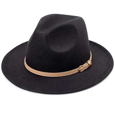 Abbildung von DRESHOW Fedora Hut mit breiter Krempe für Damen Gürtelschnalle Retro Panama Schlapphut