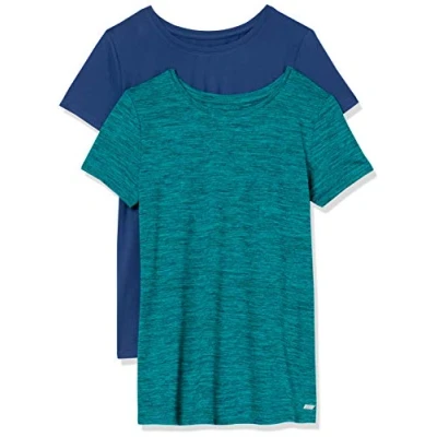 Abbildung von Amazon Essentials Damen Leichtes T Shirt Mit Rundhalsausschnitt, Kurzen Ärmeln Und Schnelltrocknendem Funktionsstretch (Auch In Plus Size Erhältlich), 2er Pack, Blau/Blaugrün Space dye, XL