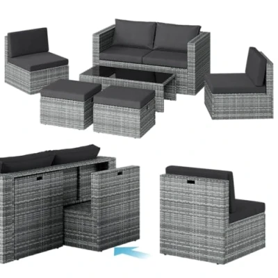 Abbildung von STEELSØN Polyrattan Gartenlounge Noctura, Outdoor Sitzgruppe 6 teilig, Gartenmöbel Set mit Sofa, Sessel, Hocker, Tisch, Sitzecke für bis zu Personen, wetterfest, grau meliert/anthrazit