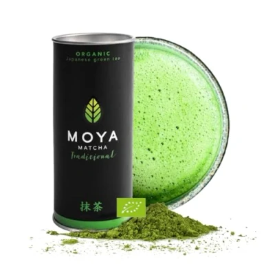 Abbildung von Moya Matcha Bio Tee Pulver Grün 30g Traditional Zeremonie Qualität Organisch Gewachsen und Geerntet in Uji, Japan Perfekt für das Trinken mit Wasser Latte Smoothies Limonaden