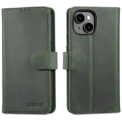 Abbildung von LENSUN Echtleder Hülle für iPhone 15, Handyhülle [Echtes Leder][Wallet Funktion][RFID Schutz] Handytasche Lederhülle Etui Kompatibel mit 15 5G Retro Grün