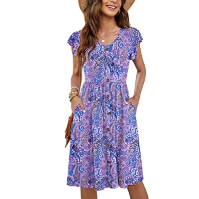 Abbildung von MOLERANI Damen Sommerkleider Rüschen Ärmel V Ausschnitt Casual Swing Elastische Taille Midi Kleid mit Taschen tiefen Paisley Floral Lila S