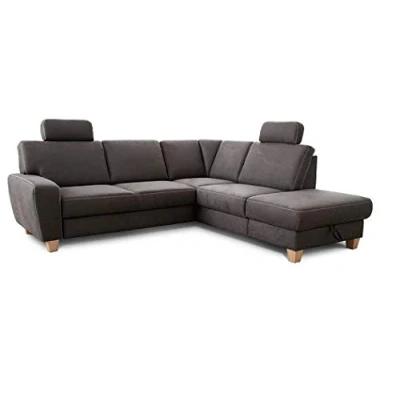 Abbildung von Cavadore Ecksofa Wisconsin mit Bettfunktion / Schlafsofa Federkern in Lederoptik Inkl. 2 Kopfstützen + Stauraum Landhausstil Holzfüße Buche 248 x 88 215 cm Dunkelgrau