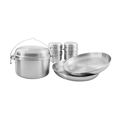 Abbildung von Tatonka Camping Kochgeschirr Picnic Set II (8 teilig) Edelstahl Geschirr fürs Picknick zu zweit mit Topf, Deckel, 2 Teller und zwei Becher Deckeln Schadstofffrei &amp; lebensmittelecht