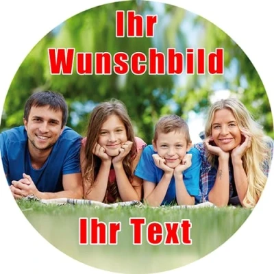 Abbildung von Essbarer Fondant Tortenaufleger mit Wunschfoto und Wunschtext selbst gestalten/Größe (Rund) 20 cm Ø/Tortenbild eigenem Foto Text gebrauchsfertig gestanzt