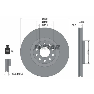 Abbildung von TEXTAR PRO+ 92106705 Bremsscheibe 320 30 05/10 112 außenbelüftet beschichtet hochgekohlt ohne Radbefestigungsbolzen, Radnabe AUDI: A6 C5 Avant