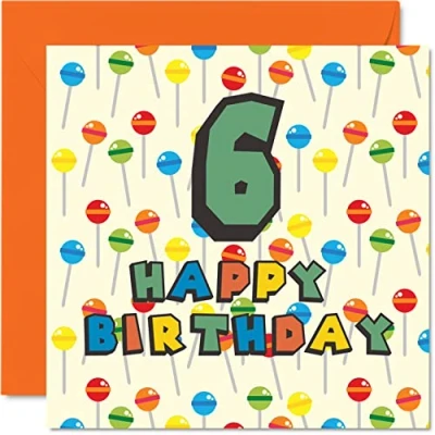 Abbildung von Geburtstagskarte zum 6. Geburtstag, Unisex, Motiv: Lollipop Sweets Candy für 6 Jahre alten Sohn, Tochter, Bruder, Schwester, Enkel, Enkelin, Nichte, Neffe, Cousin, 145 mm x