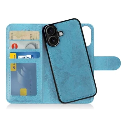 Abbildung von MyGadget Flip Case für iPhone 16 [ abnehmbare Magnet Hülle ] Handyhülle aus Kunstleder Klapphülle mit Kartenfach Schutzhülle in Hellblau