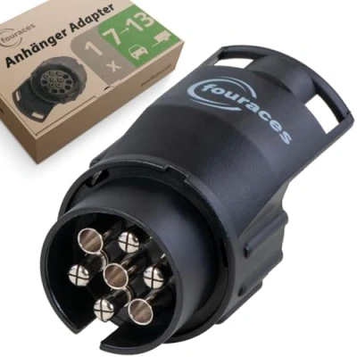 Abbildung von fouraces Adapter Anhänger 7 auf 13 polig polig, schwarz Auto zu Hänger, für Pkw, Kfz und LKW kurz, Anhängerkupplung, Adapterstück
