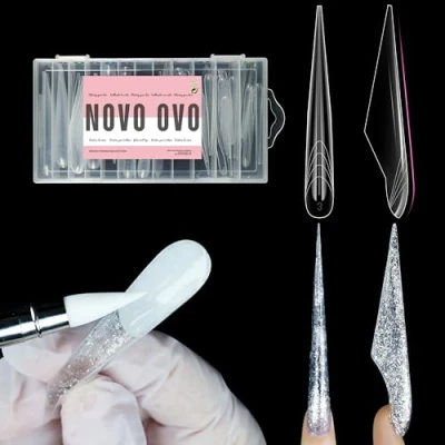 Abbildung von NOVO OVO Extra lange Stiletto Schmetterlingsflügel Nagel Doppelformen für Polygel Verlängerung, KEINE NAGELSPITZEN, 4XL 5XL, wiederverwendbare Vollabdeckungsformen Aufbaugel, 70 Stück x 14 Größen