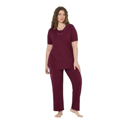 Abbildung von Ulla Popken Detail Twopiece SET Nachtwäsche Set, Damen, Größe: 50/52, Wine red