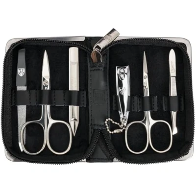 Abbildung von DREI SCHWERTER 6 tlg. Maniküreset &#039;Ravenna&#039; Hochwertiges Nagelpflegeset in schwarzem Echt Leder Etui Inhalt: Nagelschere, Hautschere, Nagelknipser, Saphirnagelfeile, Nagelreiniger, Pinzette