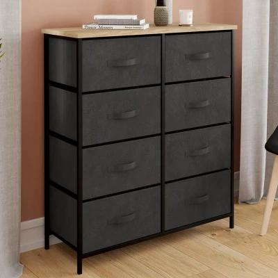 Abbildung von IDMarket Kommode mit 8 Schubladen aus Alta Stoff, 80 cm, Anthrazitgrau und Platte in Holzoptik, Industriedesign