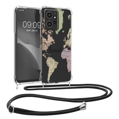 Abbildung von kwmobile Necklace Case kompatibel mit Xiaomi Redmi Note 12 (4G) Hülle Silikon Cover Handykette Schwarz Mehrfarbig Transparent Travel Schriftzug