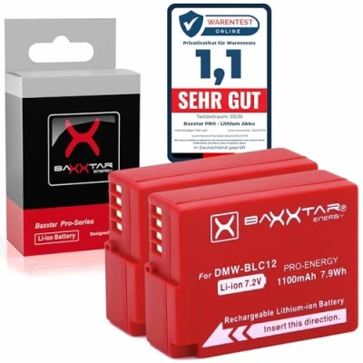 Abbildung von 2X Baxxtar Pro Akku DMW BLC12 E (1100mAh) Kompatibel mit Panasonic Lumix DC FZ1000 II G91 DMC GX8 G70 G80 G81 G7 G6 G5 FZ2000 FZ200 FZ300 FZ330 ..