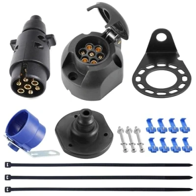 Abbildung von SPARKMOTO 12V Wasserdicht Anhänger Stecker 7 Polig Steckdose Set mit Kompletten Montagezubehör,inkl. Blau Anhängersteckerhalter Metall Montageplatte,Stecker (Gummistiefel)