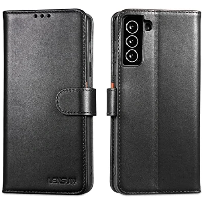 Abbildung von LENSUN Echtleder Hülle für Samsung Galaxy S21 Plus, Handyhülle [Echtes Leder] [Magnetverschluss] [RFID Schutz] Handytasche Lederhülle Plus 5G Schwarz