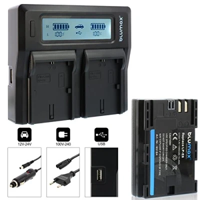 Abbildung von Blumax Akku LP E6 1400mAh + Doppelladegerät Dual Charger passend zu EOS 5D Mark II 2 III 3 6D 7D 60D 60Da 70D Akkus gleichzeitig Laden