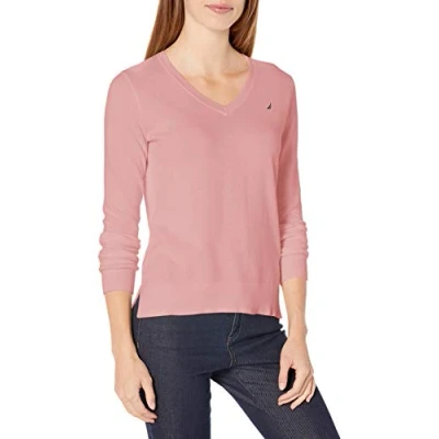 Abbildung von Nautica Damen Effortless J Class Long Sleeve 100% Cotton V Neck Sweater Pullover, Orchid Pink, Groß