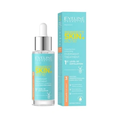 Abbildung von Eveline Cosmetics Perfect Skin Akne Nachtbehandlung Peeling &amp; Tonvereinheitlichendes Serum mit AHA BHA PHA, Niacinamid Süßholzwurzelextrakt Anti Bakterielle Formel