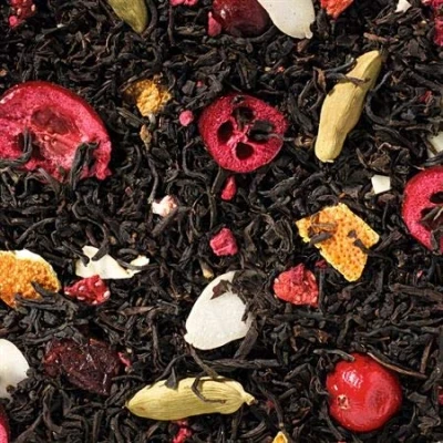 Abbildung von 1 kg Schwarzteemischung Santa Berry (Himbeer/Cranberry) aromatisiert