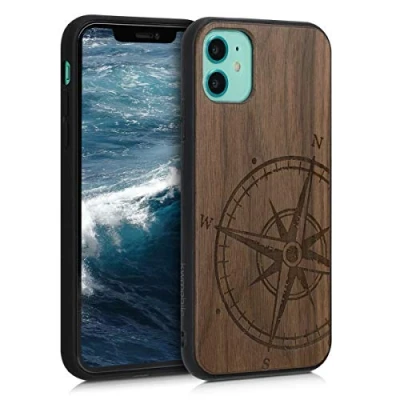 Abbildung von kwmobile Hülle kompatibel mit Apple iPhone 11 Holz Case Handy Cover TPU Handyhülle in Dunkelbraun Kompass Vintage