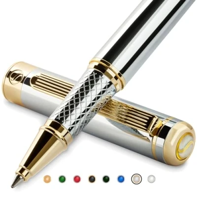 Abbildung von Scriveiner Tintenroller Hochwertiger Design mit 24 Karat Details, schwarze Schmidt Ersatzmine, Geschenkbox, Büro set, Schöne Professionelle (Silber)