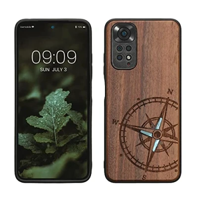 Abbildung von kwmobile Hülle kompatibel mit Xiaomi Redmi Note 11 / 11S Holz Case Handy Cover TPU Handyhülle in Dunkelbraun Vintage Kompass Perlmutt