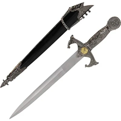 Abbildung von Unbekannt Silberner Templer Dolch mit schwarzer Scheide und verzierten Beschlägen
