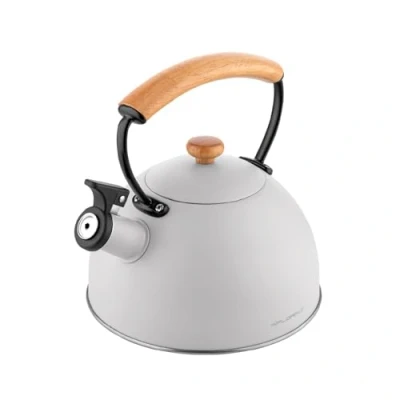 Abbildung von FLORINA Wasserkessel (2,3 l) I Edelstahl Teekessel NATURAI Flötenkessel mit Holzgriff Automatischer Pfiff Wasserkocher für Induktionsherd, Gasherd und Elektroherd Farbe: Grau