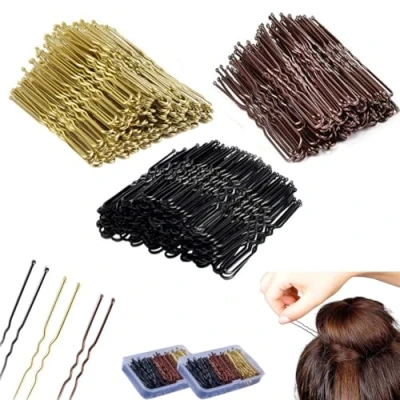 Abbildung von 300 Stück Haarnadeln,Metall Haarnadel Bobby Pins,U Haarklammern,für Mädchen und Frauen Friseursalon,mit Aufbewahrungsbox,Schwarz,Gold,Kaffeefarbe (100 Für Jede Farbe)