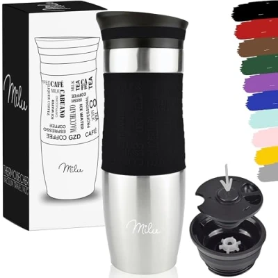 Abbildung von Milu Thermobecher Kaffee to go 370ml, 450ml Isolierbecher Kaffeebecher 100% Auslaufsicher Trinkbecher aus Edelstahl Autobecher doppelwand Isolierung Travel Mug (Schwarz, 450ml)