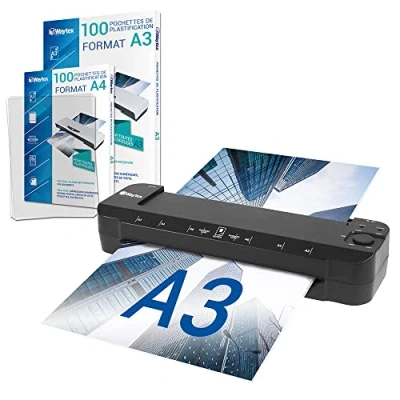 Abbildung von Laminiergerät A3 A4 A5 A6 A7 Pro Ultra schnell heiß und kalt bis zu 2 x 150 Mikron Temperatur verstellbar Professioneller intensiver Einsatz Packung mit 100 Hüllen +