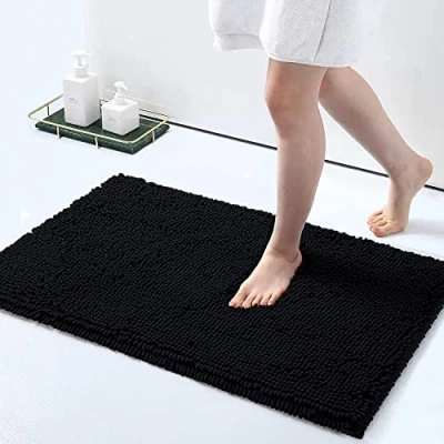 Abbildung von Homaxy rutschfeste Badematte Chenille Badezimmerteppich Mikrofaser Badteppich Saugfähige Hochflor Badvorleger 50 x 76 cm, Schwarz