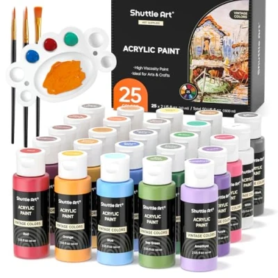 Abbildung von Shuttle Art Acrylfarben Set, 25 Vintage Farben, Acrylfarben, 60 ml Flaschen, reich pigmentiert, Premium für Künstler, Anfänger und Kinder auf Felsen, Basteln, Leinwand, Holz, Keramik
